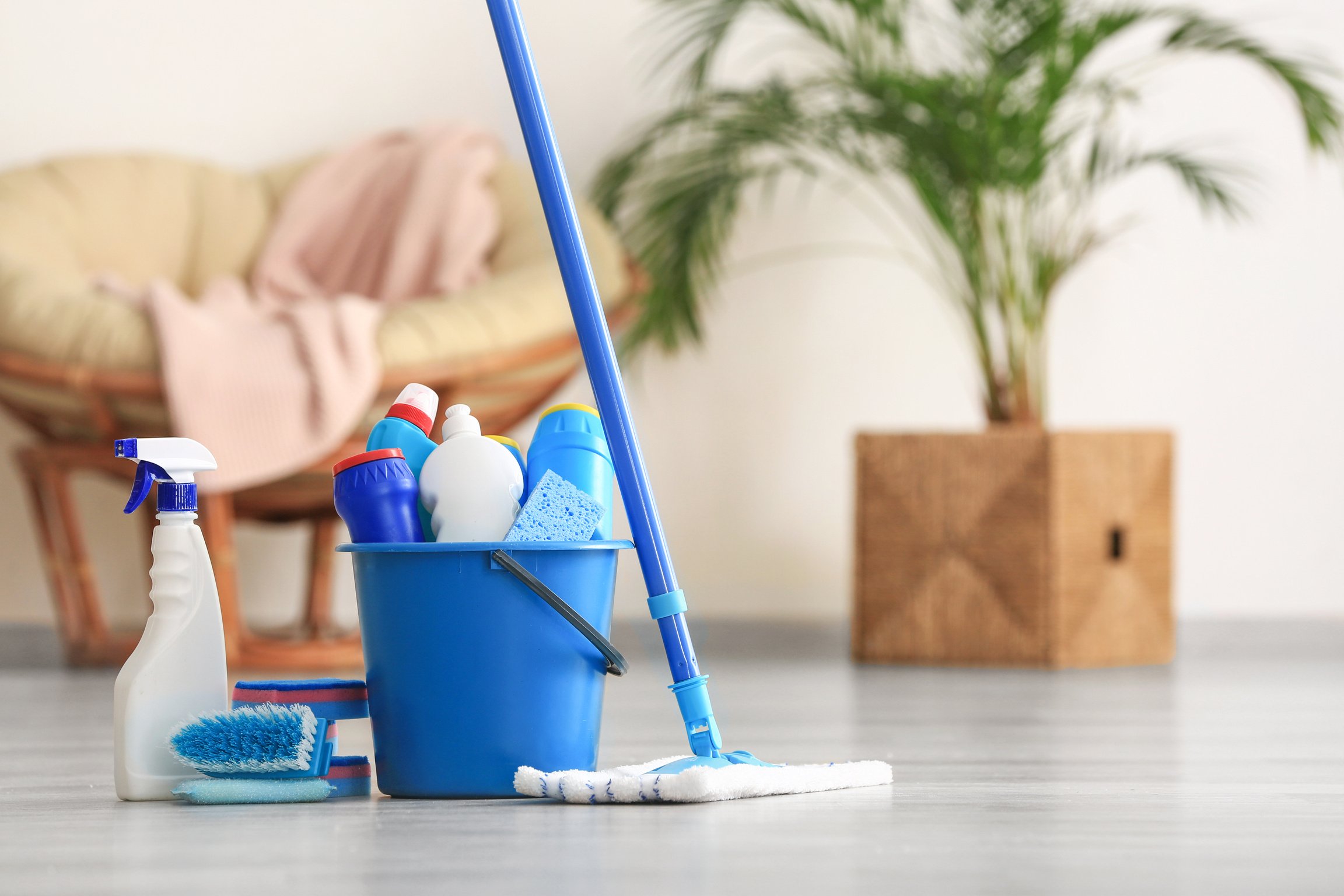 Set of Cleaning Supplies on Floor in a Room